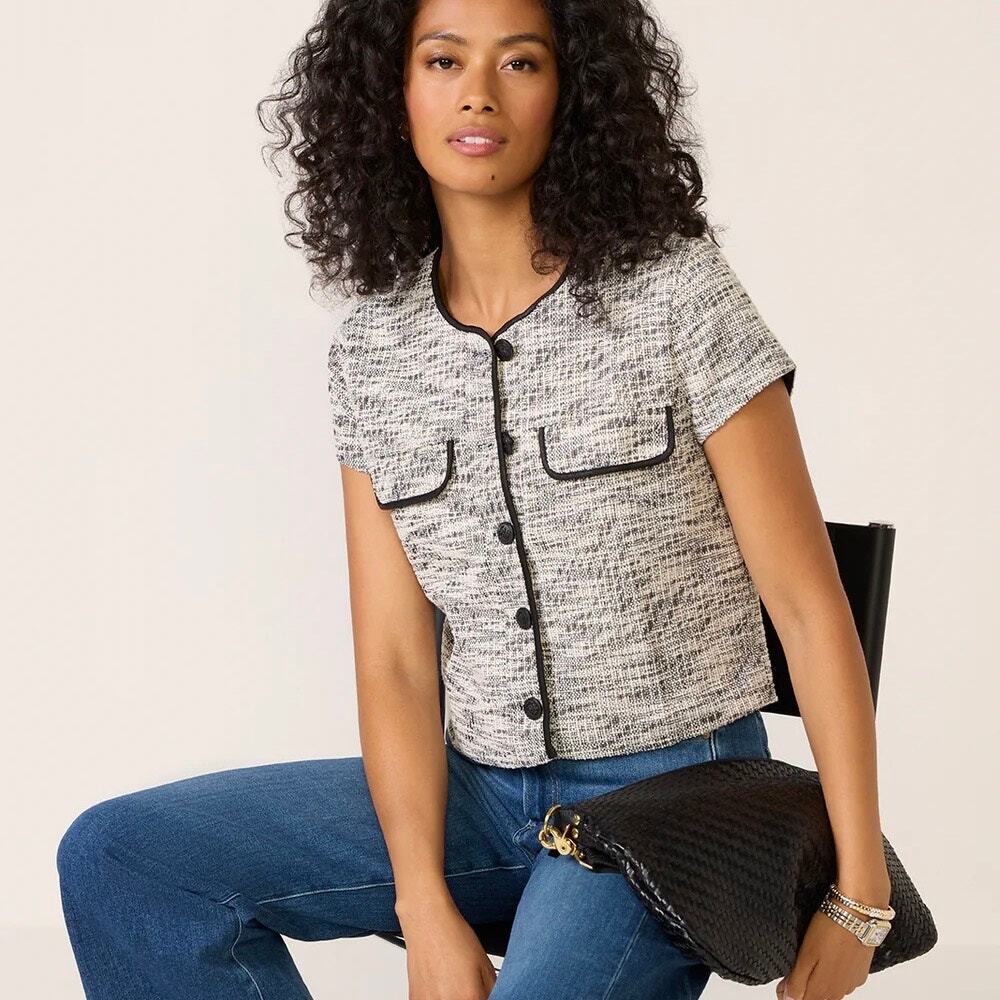 Evereve Black Trim Tweed Short Sleeve Button Front Top - Black and White